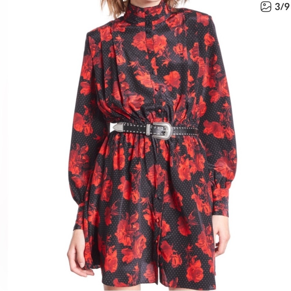 THE KOOPLES SILK SHIRT DRESS silk nwot dots & roses red designer formal $600